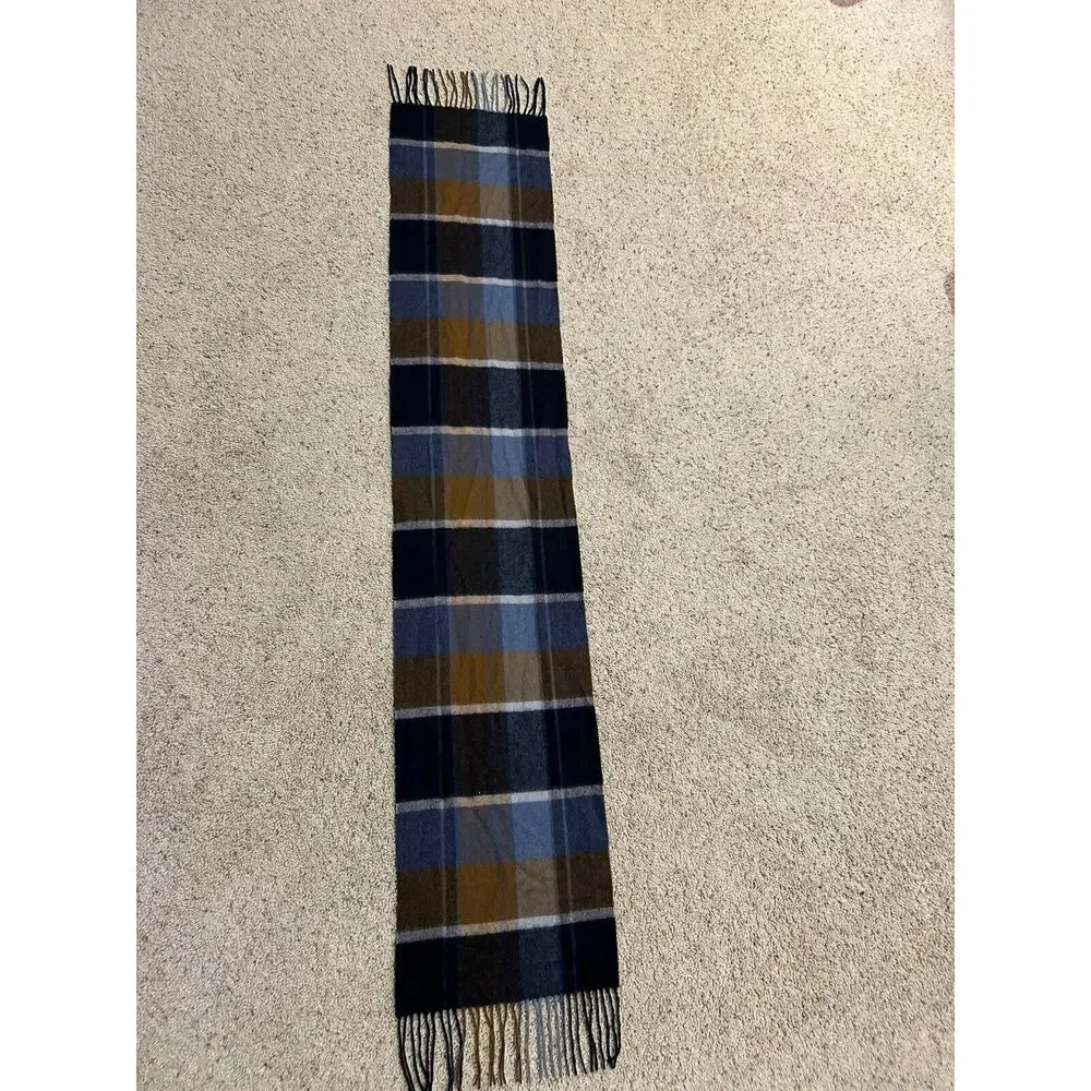 Men's ClubRoom 67” SCARF 100% Cashmere PLAID Black Brown Blue Gray FRINGE K24